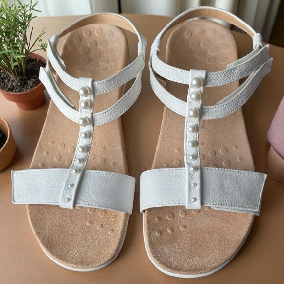 VIONIC ( 10 ) MIKAH White Leather Backstrap Sandal Pearl Detail 3-Zone Comfort - Picture 9 of 15